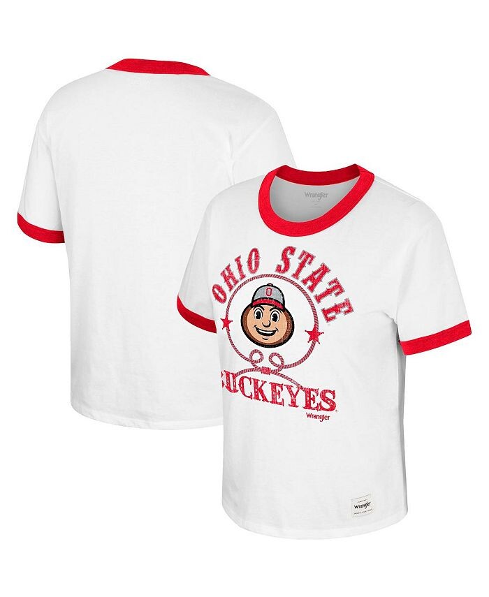 

Женская белая футболка с эффектом потертости Ohio State Buckeyes x Wrangler Freehand Ringer Colosseum, белый