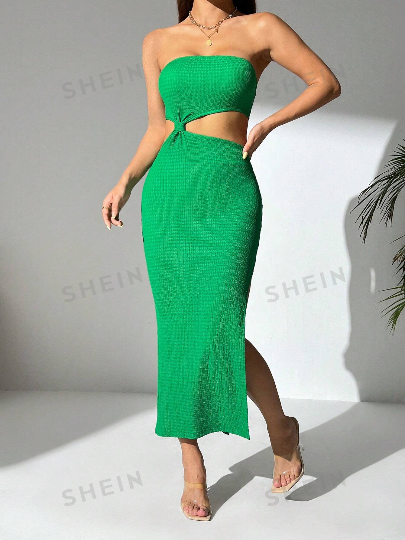 SHEIN PETITE Платье без бретелек с разрезом спереди, зеленый
