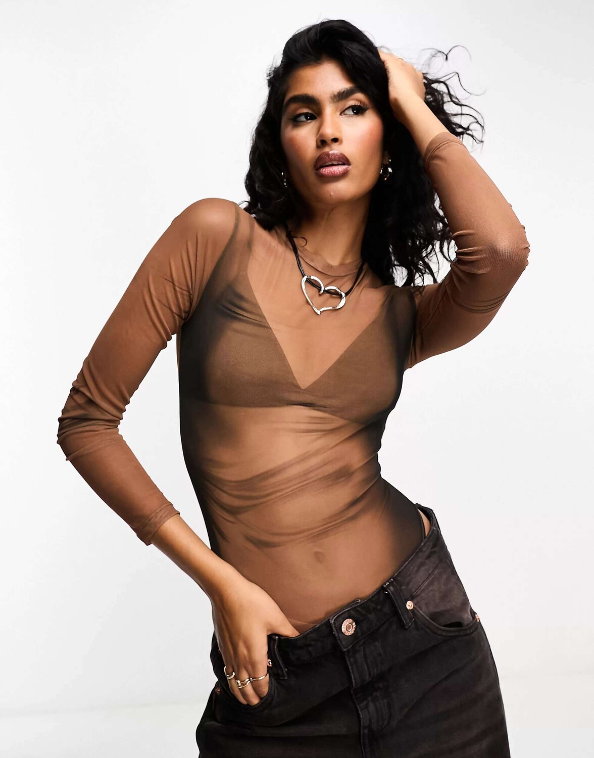 

Коричневое боди из сетки с эффектом омбре Bershka