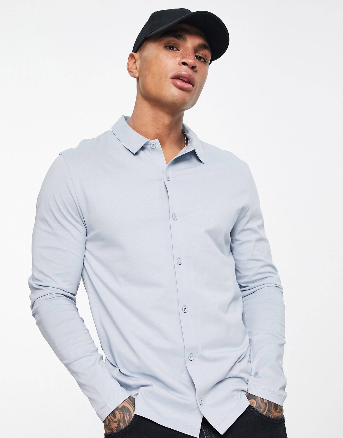 

Синяя рубашка из джерси с длинными рукавами на пуговицах ASOS DESIGN