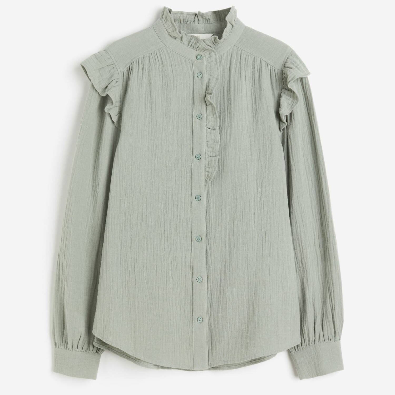 

Блуза H&M Ruffle-trimmed Muslin, серо-зеленый