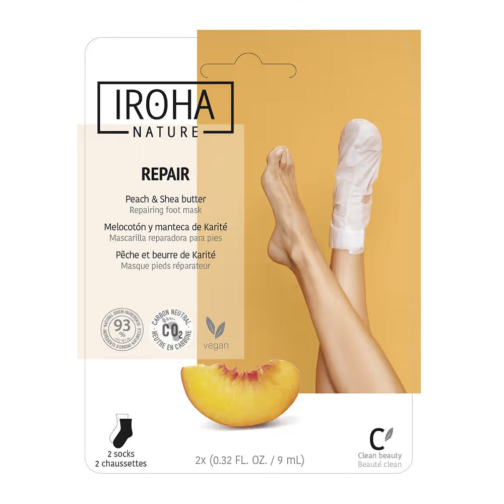 IROHA nature Repair Foot Mask регенерирующая маска для ног в виде носков Масло персика и ши 2x9 мл маска носочки dearboo маска носочки для ног с экстрактом персика и маслом ши увлажняющая и питательная