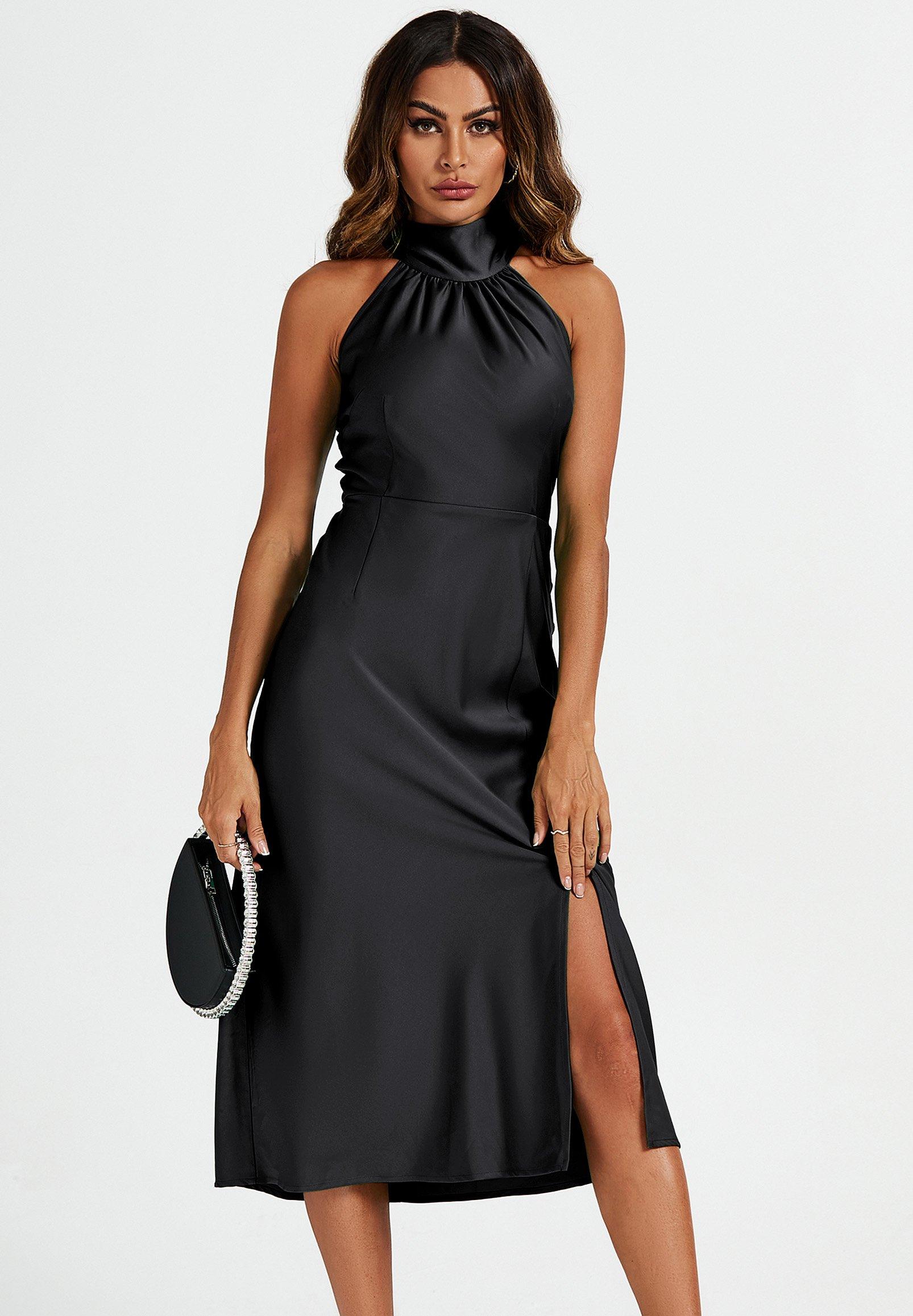 Черное атласное платье миди с разрезом и вырезом на шее, завязкой на спине FS Collection, черный фото