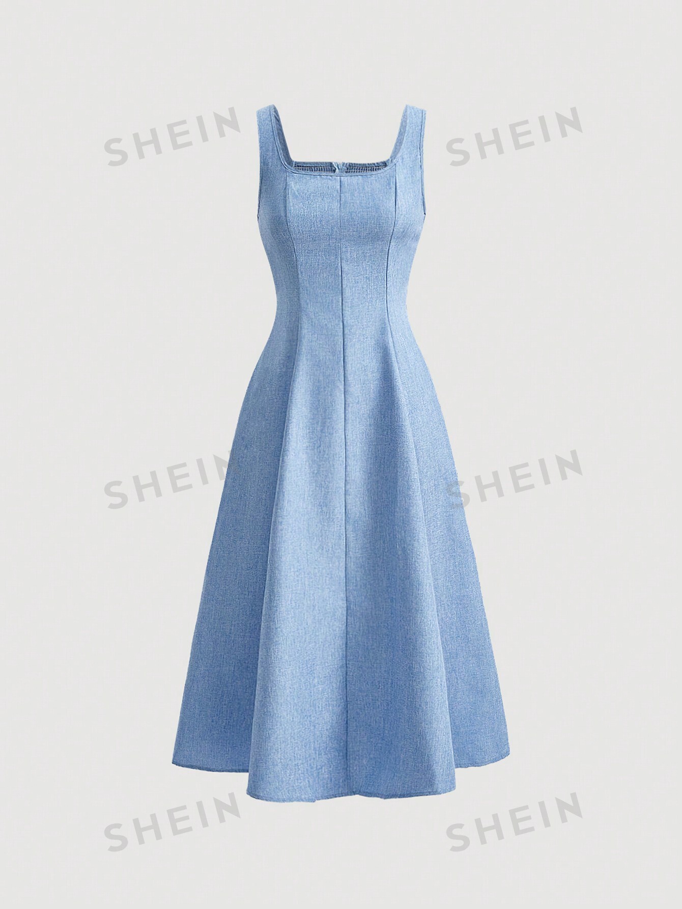 shein mod однотонное платье с гофрированной спиной и расклешенным подолом синий SHEIN MOD однотонное платье с гофрированной спиной и расклешенным подолом, синий