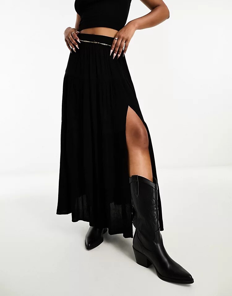 

Черная фактурная ярусная юбка макси Miss Selfridge, черный