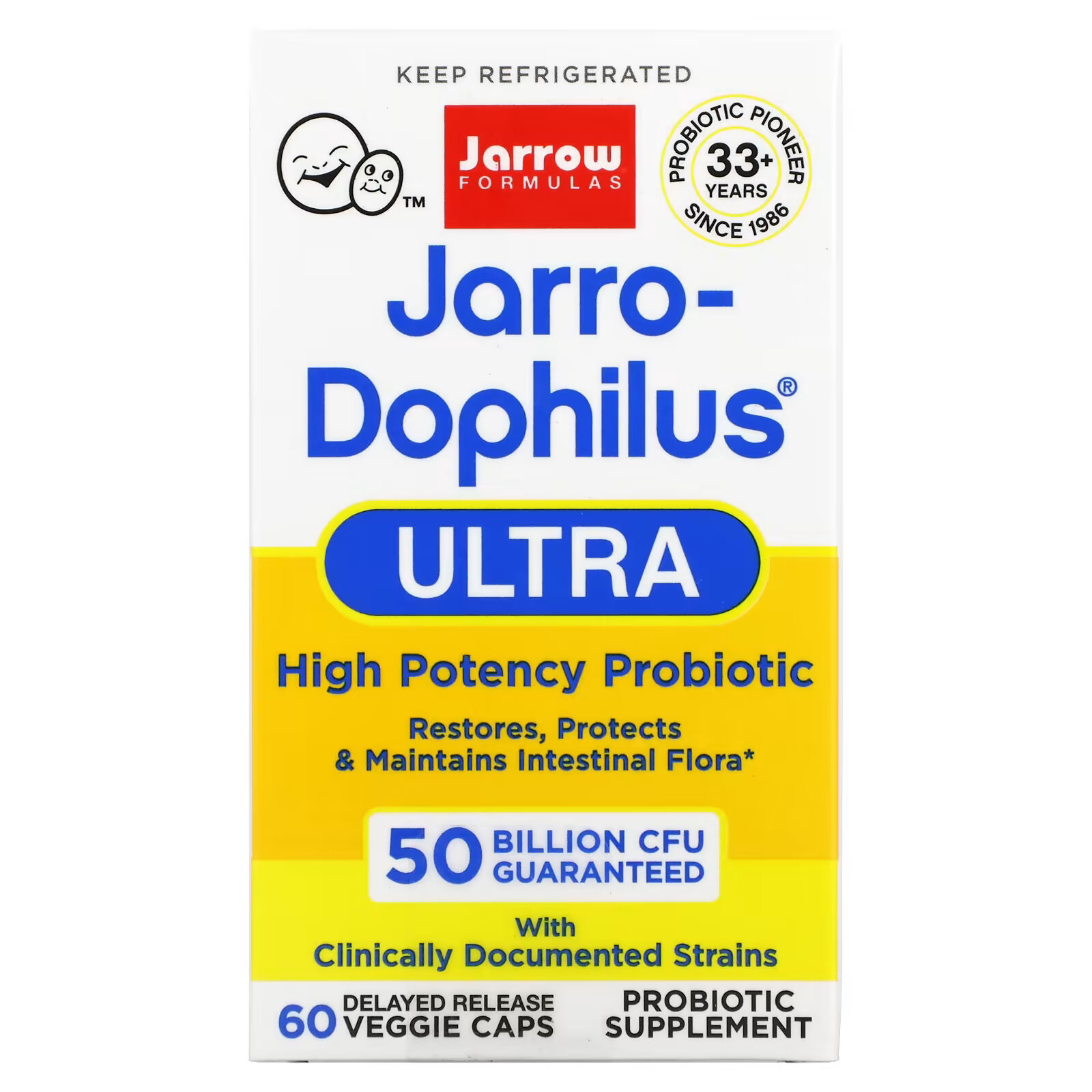 пробиотики для детей со вкусом малины jarrow formulas jarro dophilus kids 1 billion cfu в жевательных таблетках 60 шт Jarrow Formulas, Jarro-Dophilus Ultra, 50 миллиардов, 60 вегетарианских капсул