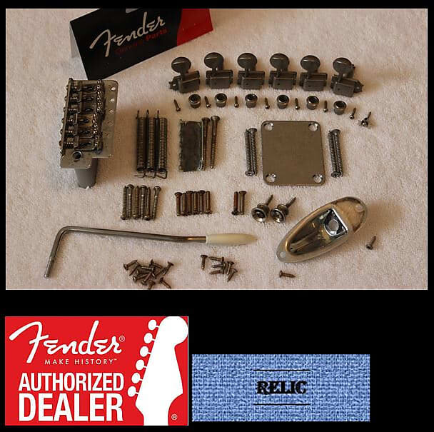 

Fender Aged/Relic 2 3/16" Mount 2 1/16" String Space Stratocaster Hardware Set w Tuners 099-2070-000 099-2070-000 Highway One / American Special Stratocaster Bridge Assembly