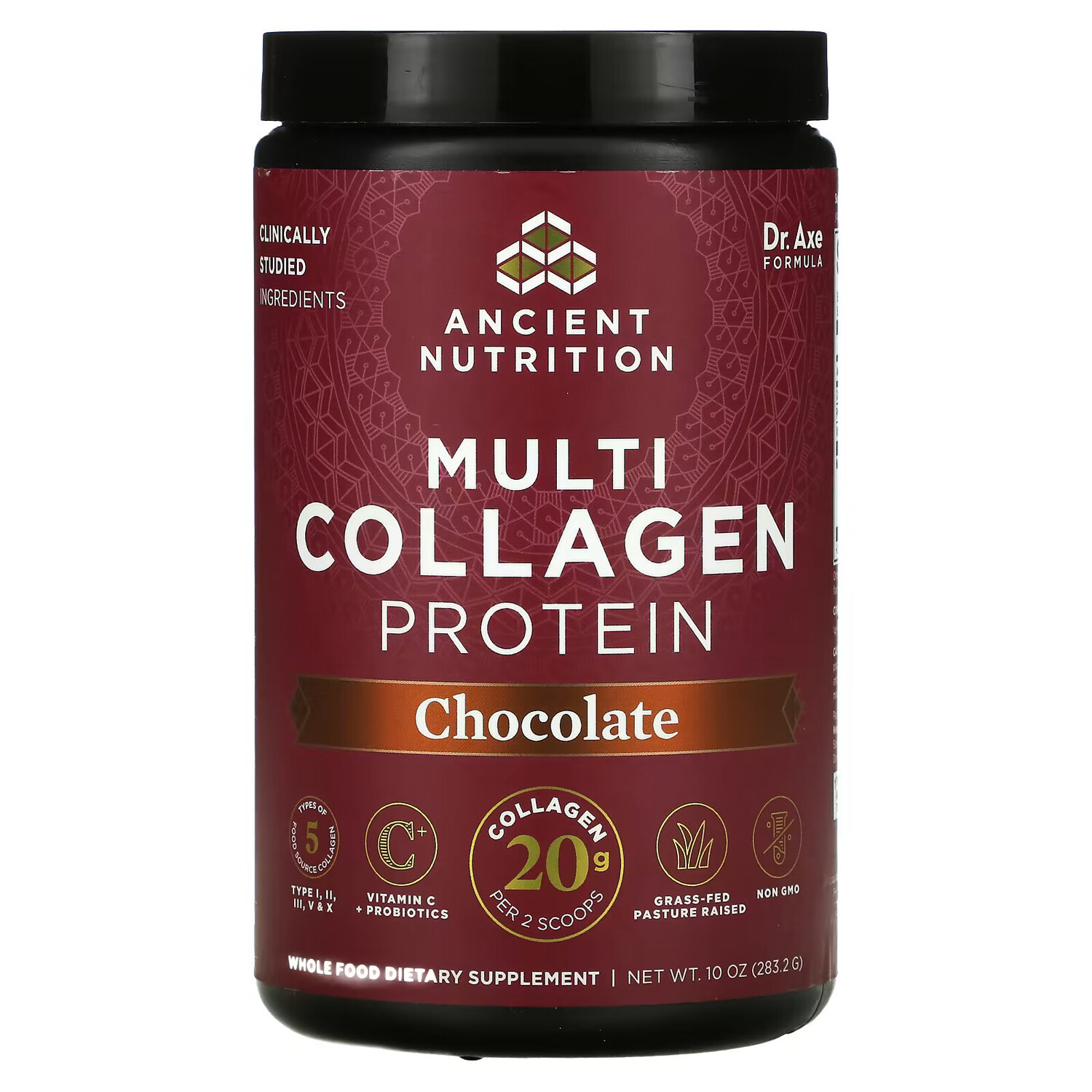 

Dr. Axe / Ancient Nutrition, Multi Collagen Protein, шоколад, 10 унций (283,2 г)
