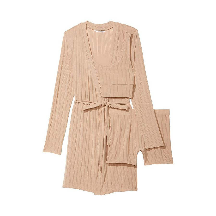 

Комплект Victoria's Secret Luxe Modal Ribbed, 3 предмета, темно-бежевый