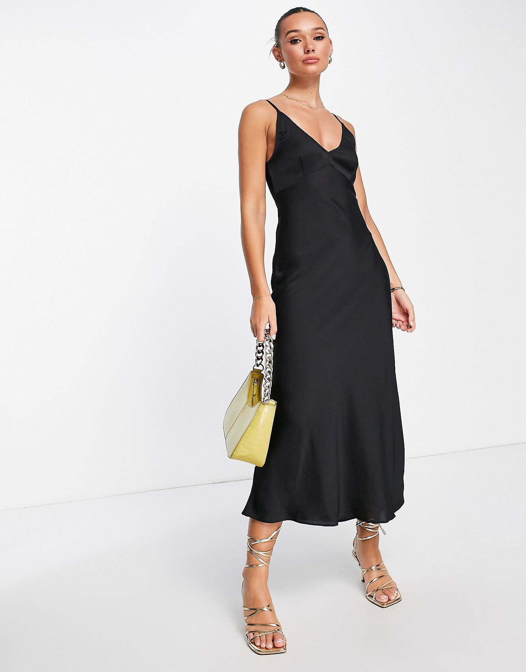 Черное платье-комбинация макси с завышенной талией ASOS DESIGN