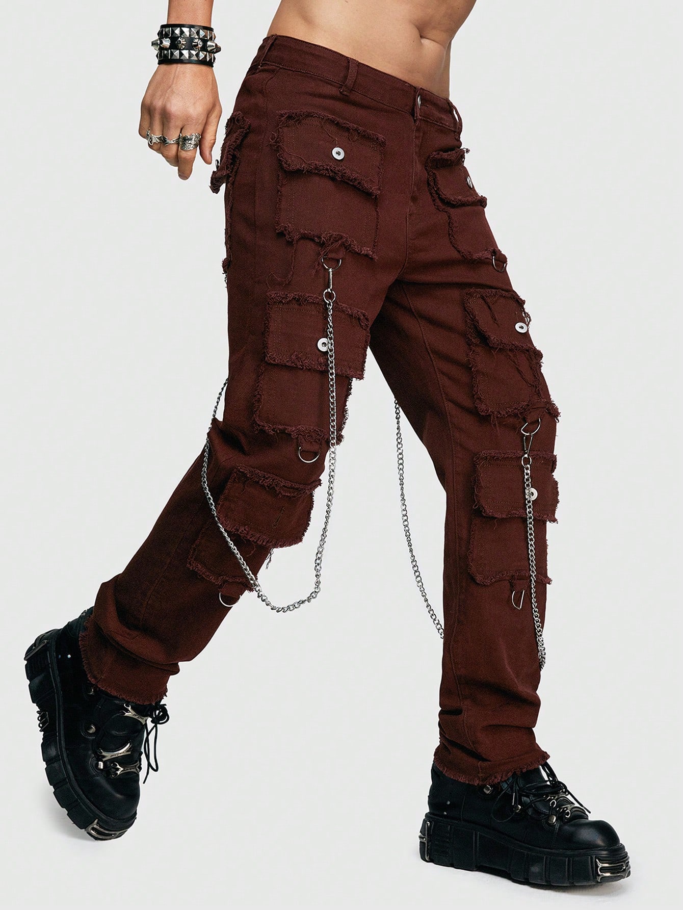 ROMWE Мужские джинсы с потертостями и множеством карманов в стиле гранж-панк, редвуд