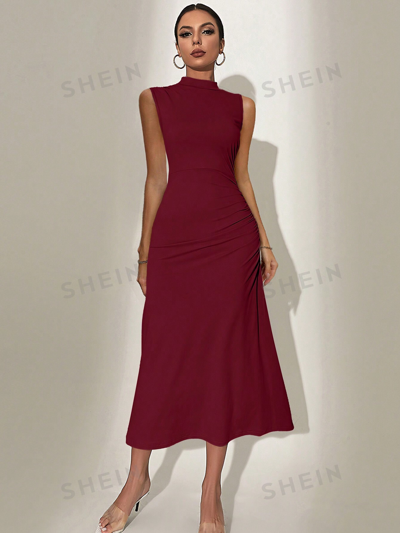 SHEIN Privé женское модное однотонное плиссированное платье без рукавов с воротником-стойкой, бургундия