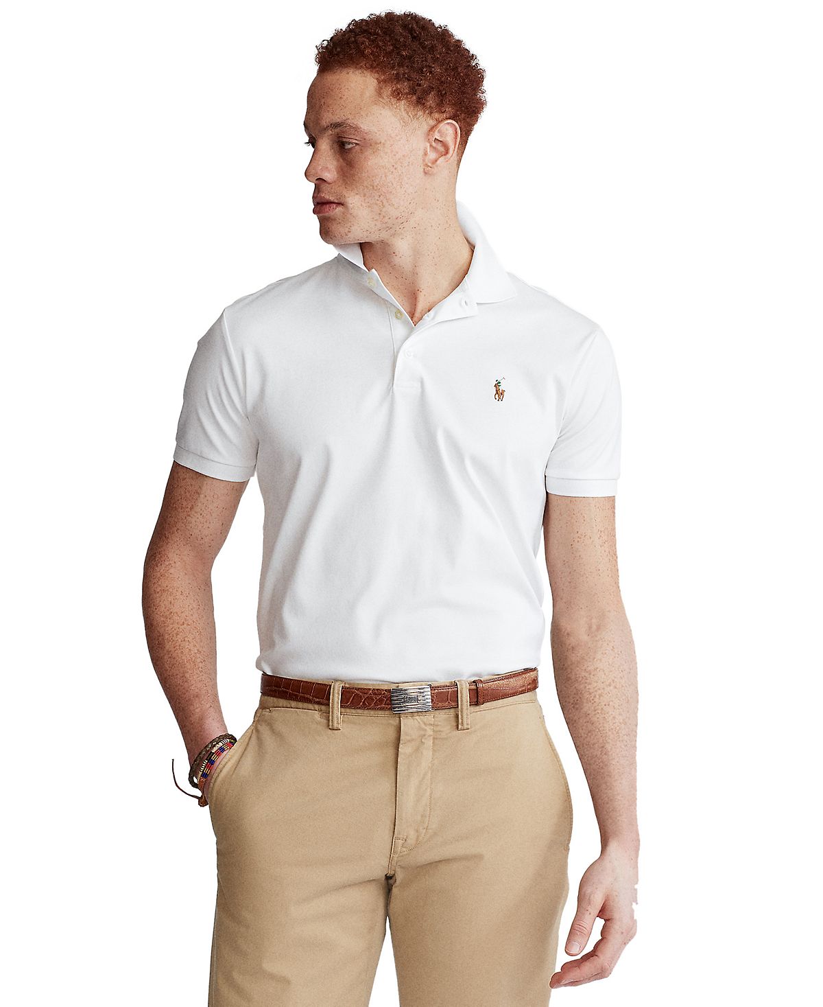 Мужская рубашка-поло slim fit из хлопка на заказ Polo Ralph Lauren, белый
