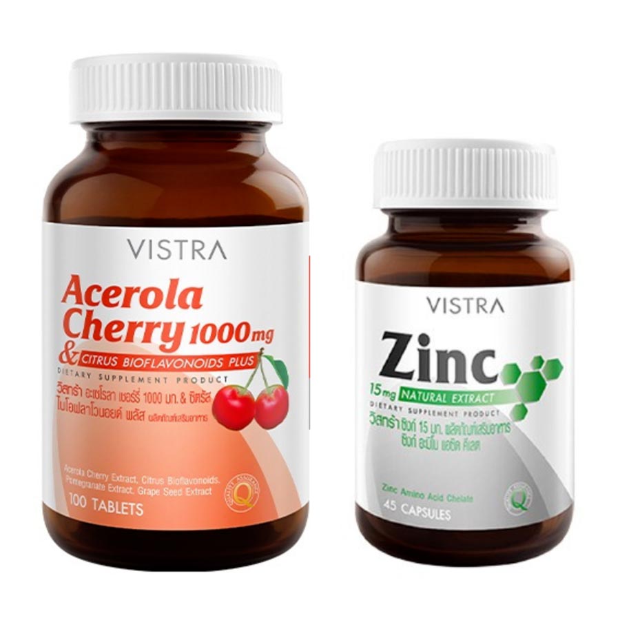 Набор пищевых добавок Vistra Acerola Cherry 100 таблеток + Vistra Zinc 45 таблеток набор пищевых добавок vistra acerola cherry 1000 mg gluta complex 800 plus rice extract 45 30 таблеток