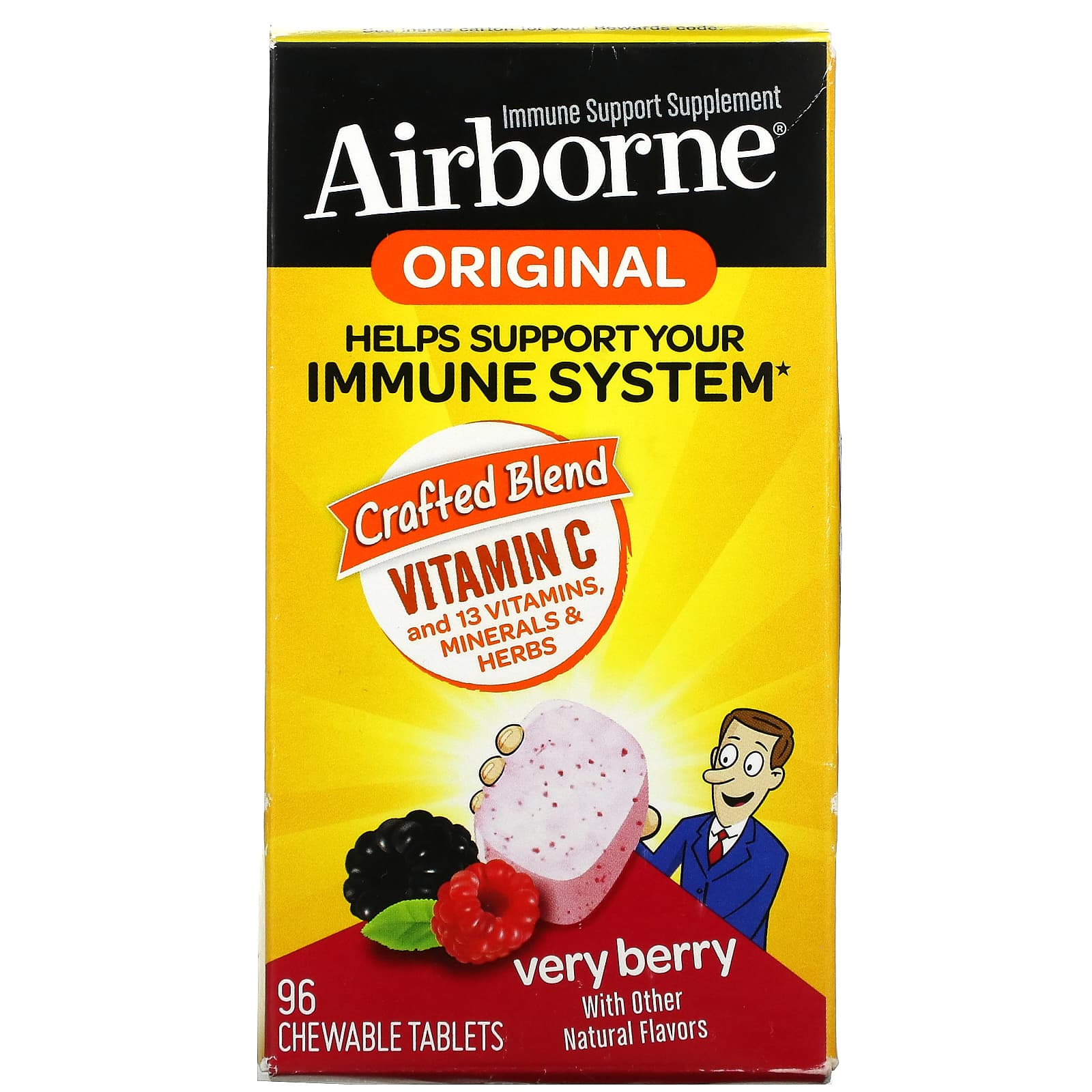 Оригинальная Добавка AirBorne для поддержки иммунитета, ягоды, 96 жевательных таблеток airborne добавка для укрепления иммунитета с бузиной 60 жевательных таблеток