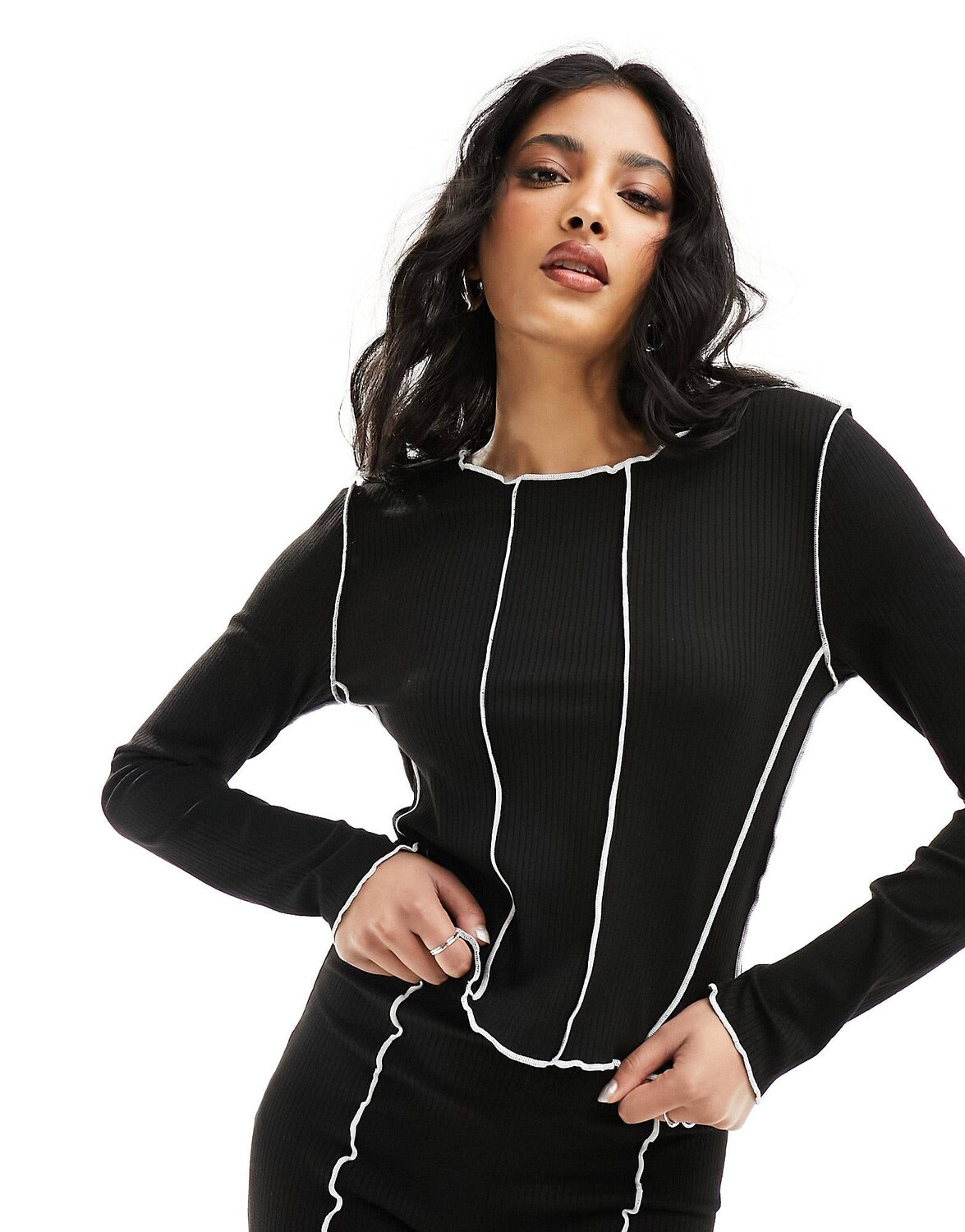 

Лонгслив Pieces Ribbed Co-ord With Contrast Stich, черный