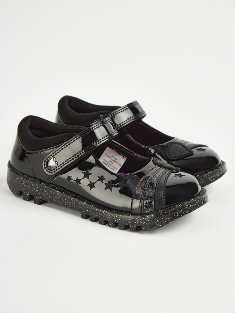 Черные массивные лакированные школьные туфли со звездами и блестками George., черный черные лакированные массивные школьные туфли для девочек до 10 лет – от 5 лет