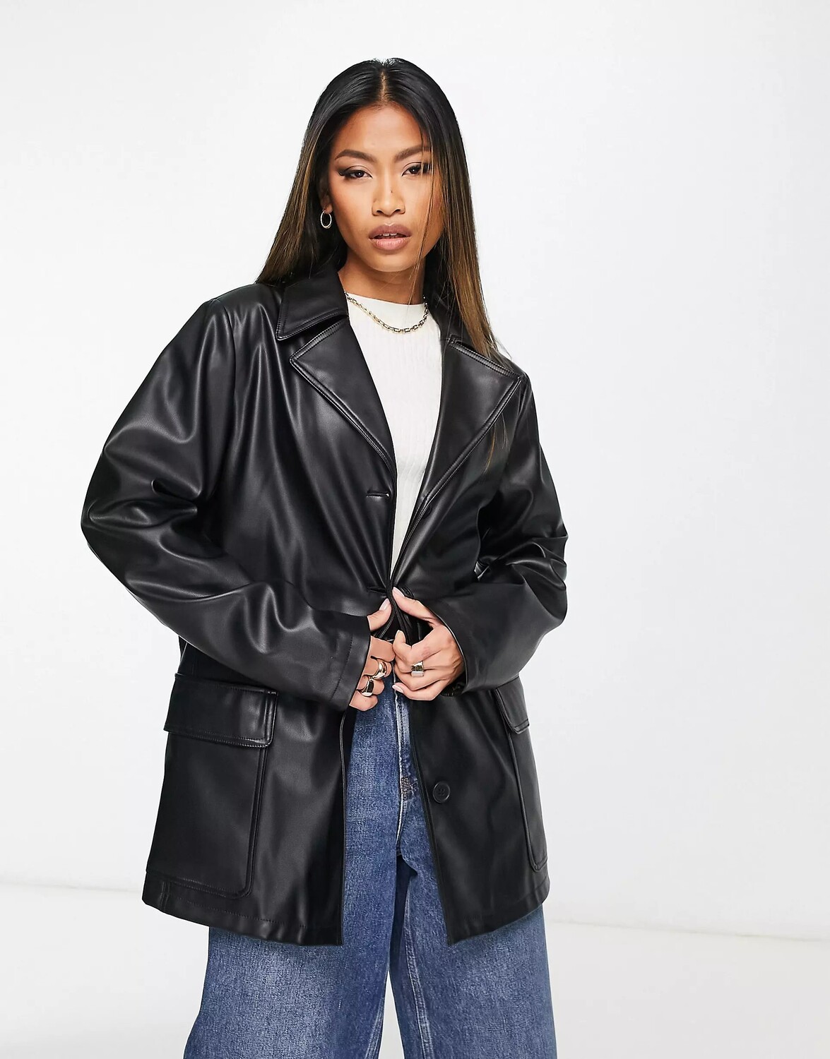 

Куртка Asos Design Boyfriend Shacket In Faux Leather, черный