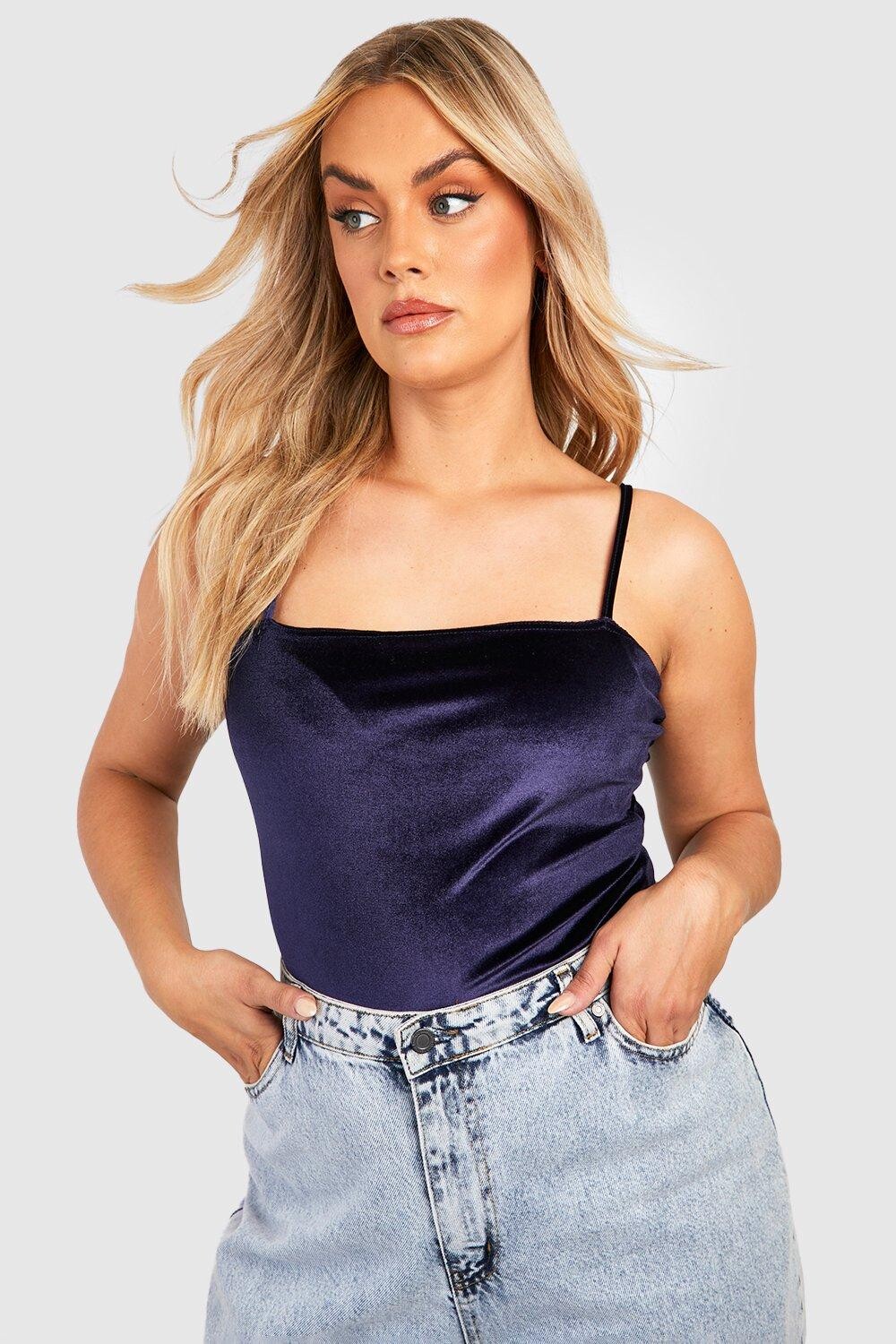 

Бархатное боди plus с ремешками Boohoo, нави