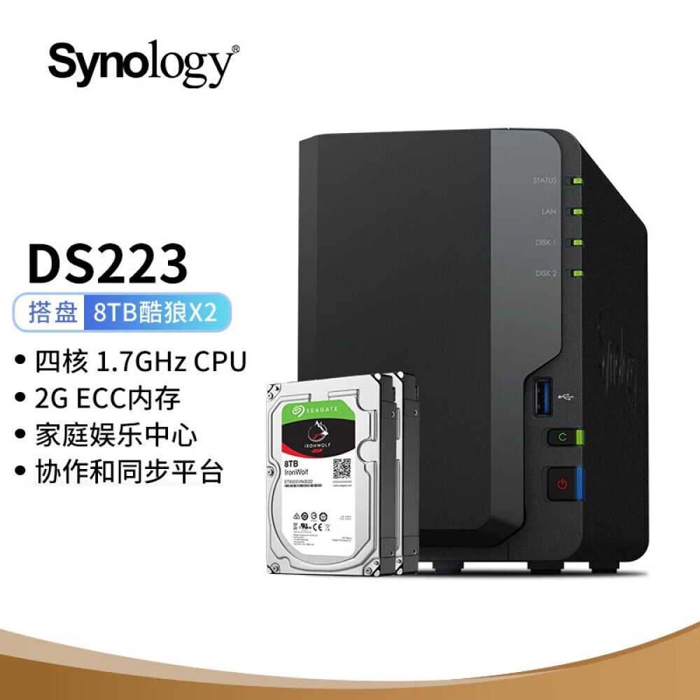 

Сетевое хранилище Synology DS223 с 2 жесткими дисками Seagate IronWolf ST8000VN004 емкостью 8 ТБ