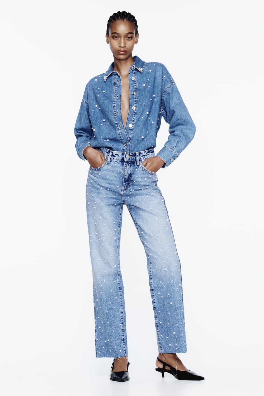 

Джинсовая рубашка z1975 с искусственным жемчугом ZARA, синий