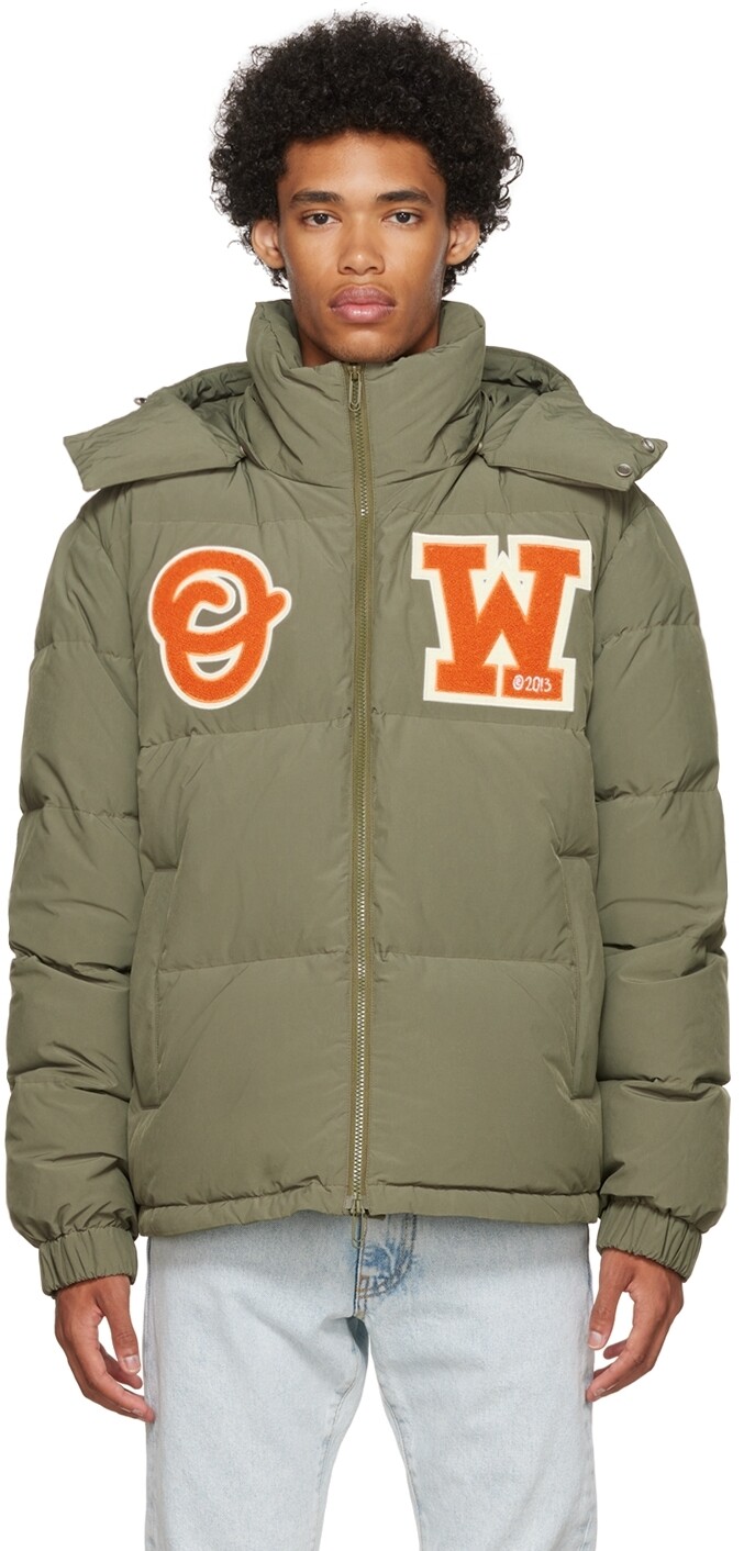 

Пуховик цвета хаки с нашивками Off-White