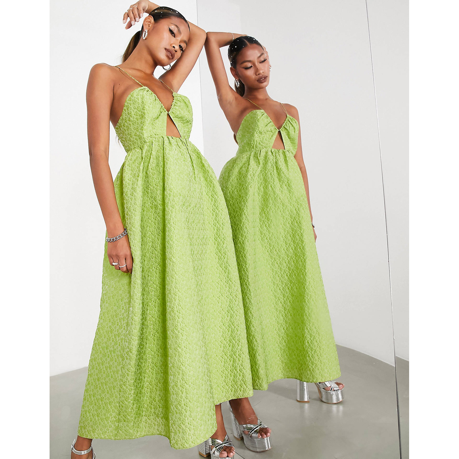 цена Платье Asos Edition Textured Strapless With Layered Hem And Cut-Outs, оливково-зеленый