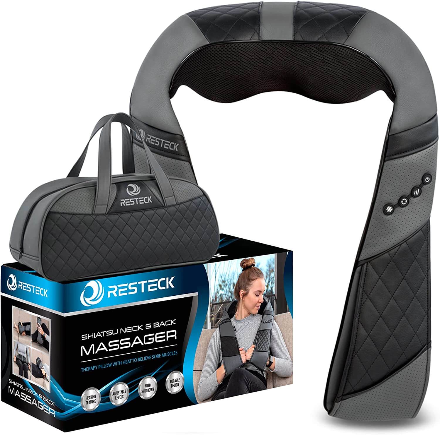 Массажер для шеи и спины с подогревом RESTECK Deep Tissue 3D, черный/серый массажер для шеи и плеч bradex шиацу kz 0566 с сумкой