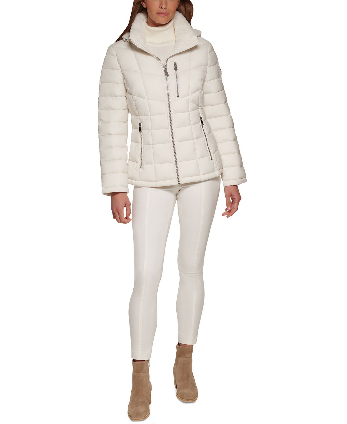 цена Женское пуховое пальто с капюшоном и отделкой из искусственного меха, созданное для macy's Calvin Klein, мульти