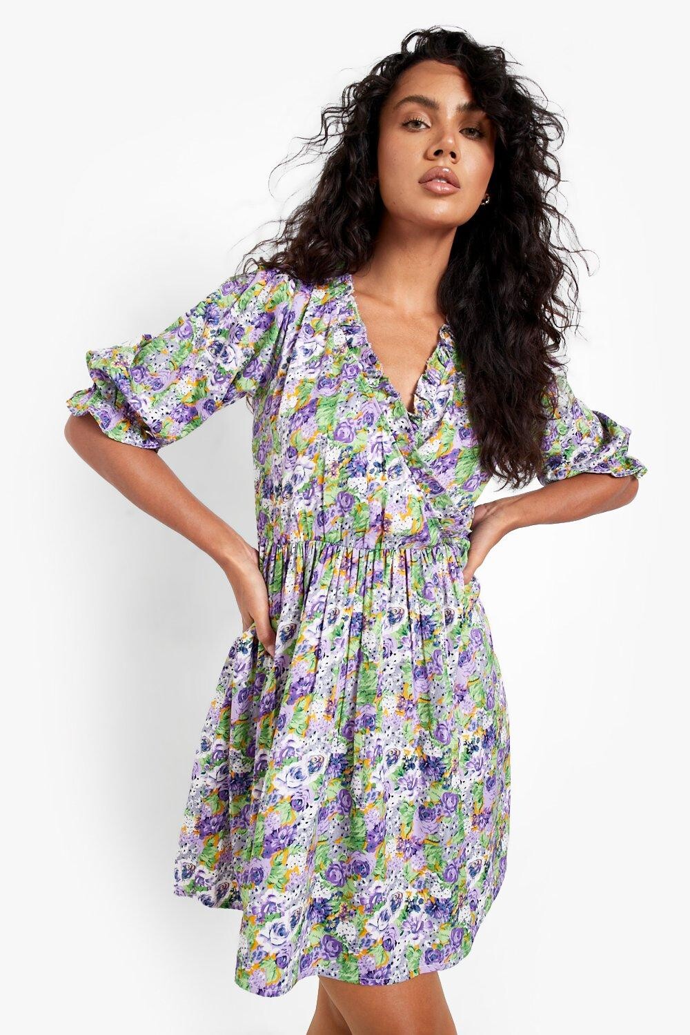 

Платье с цветочными рукавами и запахом Boohoo, фиолетовый