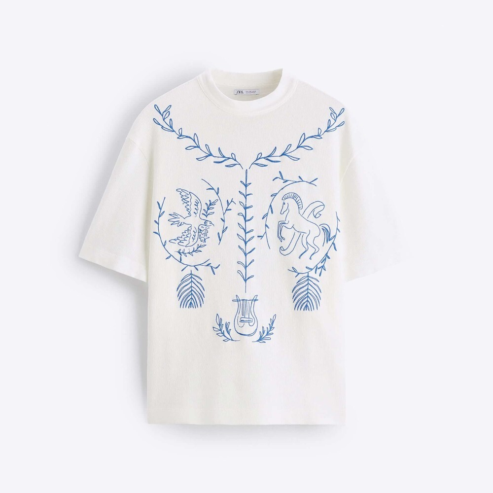 

Футболка Zara Contrast Print, желтовато-белый