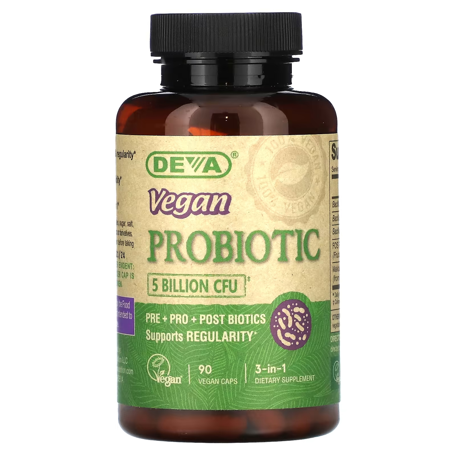 Пищевая добавка Deva Веганский пробиотик 3-в-1 5 миллиардов КОЕ, 90 веганских капсул цена и фото