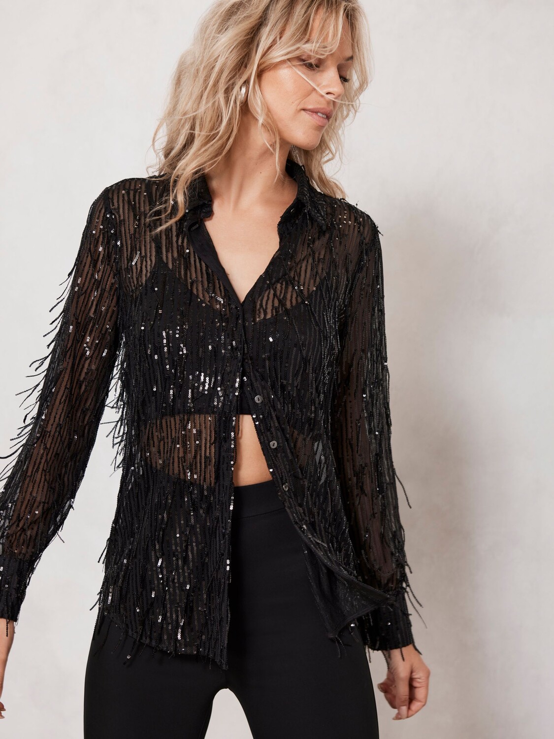 

Рубашка с кисточками и пайетками Mint Velvet, черный