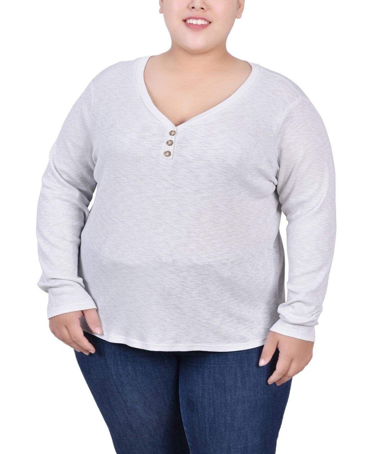 

Плюс размер с длинным рукавом в рубчик henley NY Collection, светло-серый