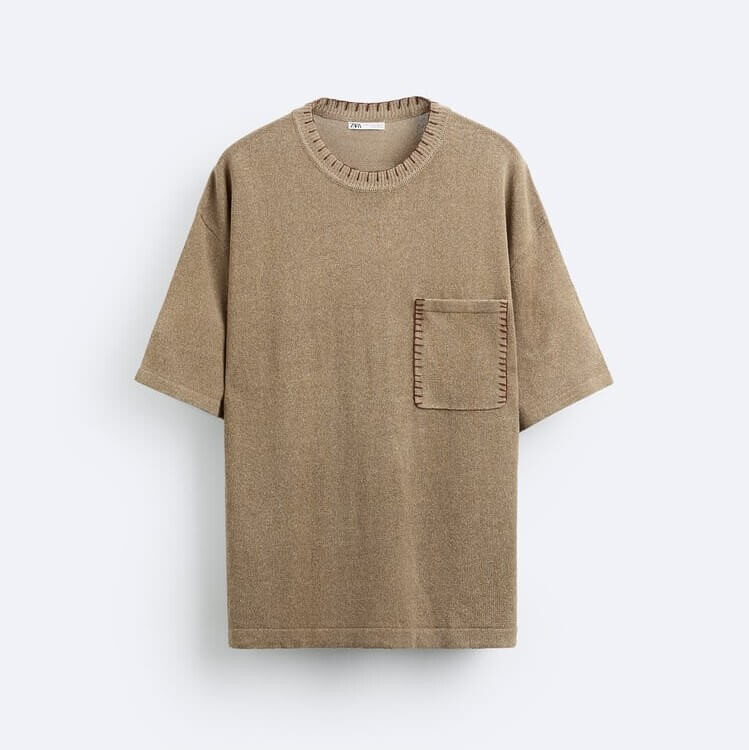 

Футболка Zara Linen - Viscose Knit, темно-бежевый