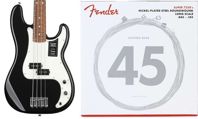 

Бас-гитара Fender Player Precision Bass — черный с накладкой на гриф Pau Ferro и струнами Fender 7250M из никелированной стали с длинной шкалой для бас-гитары — .045–.105 Medium 0149803506=1 0737250406=1