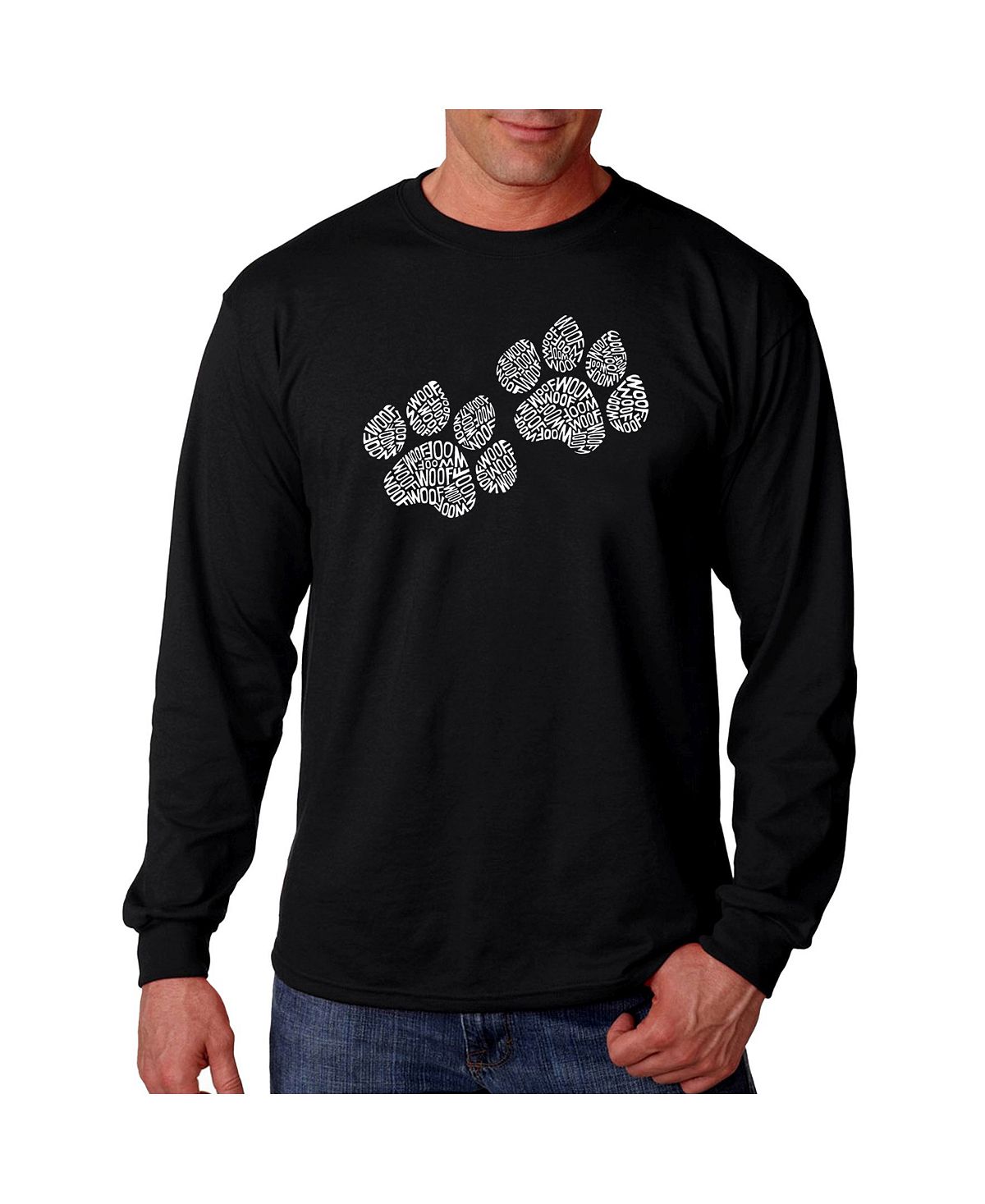 Мужская футболка с длинным рукавом word art - woof paw prints LA Pop Art, черный чехол для карточек шпицы woof woof дг2020 257