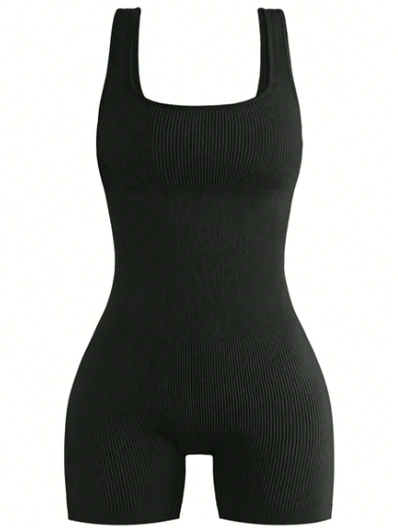 Женский облегающий спортивный комбинезон в рубчик, черный фото