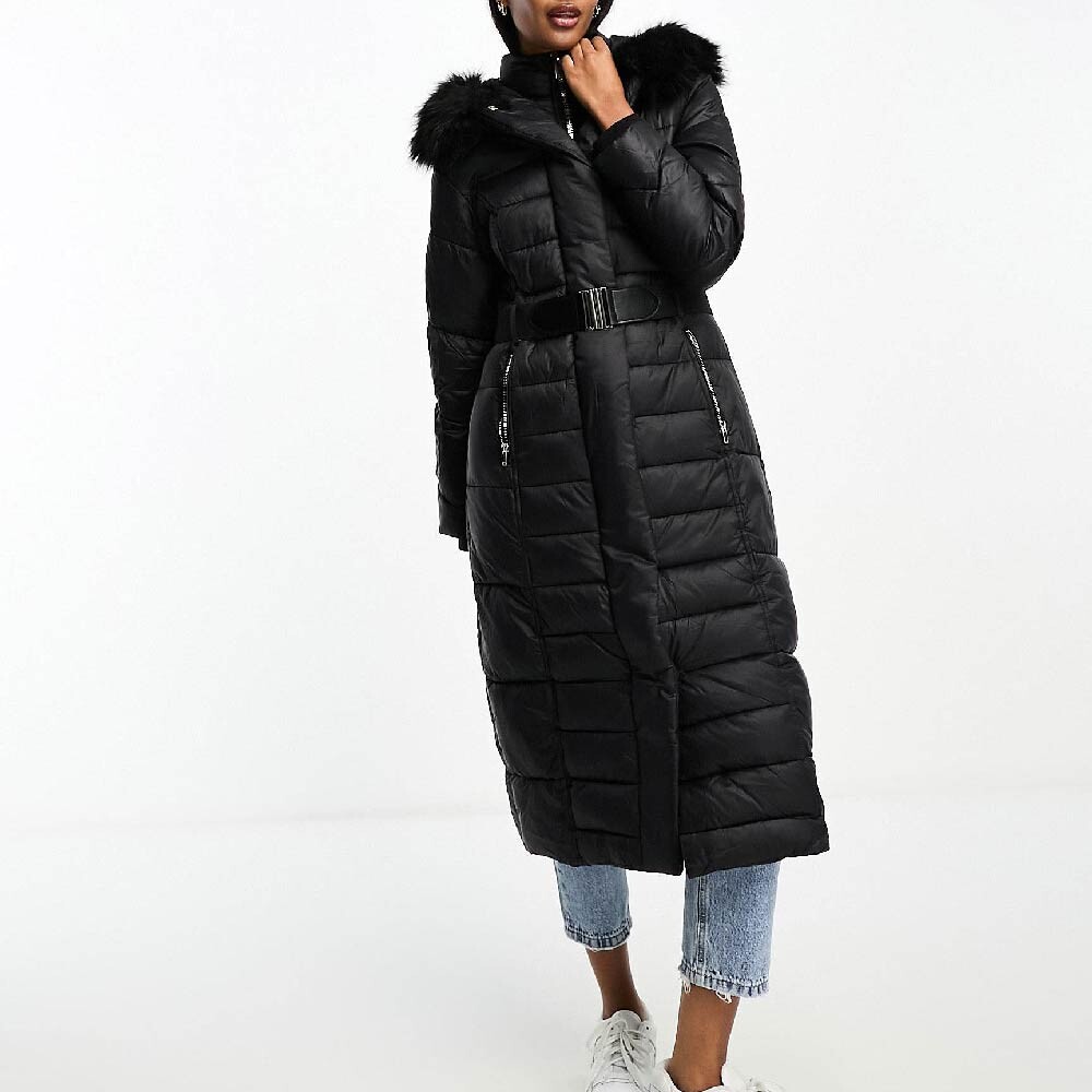 

Куртка River Island Maxi Belted Puffer With Faux Fur, черный