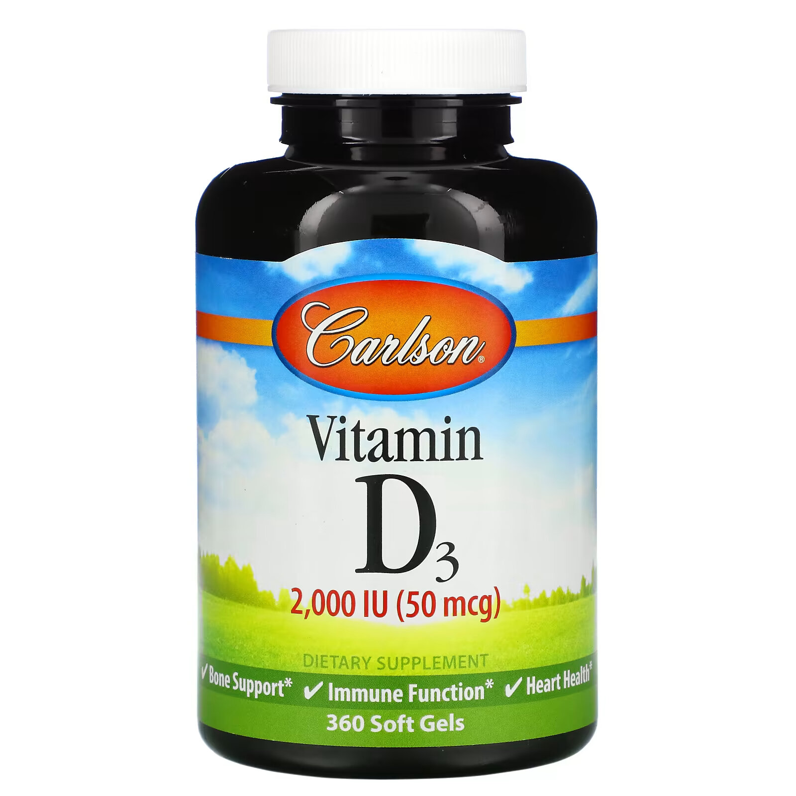 Carlson, витамин D3, 2000 МЕ (50 мкг), 360 мягких таблеток sundown naturals витамин d3 50 мкг 2000 ме 350 мягких таблеток
