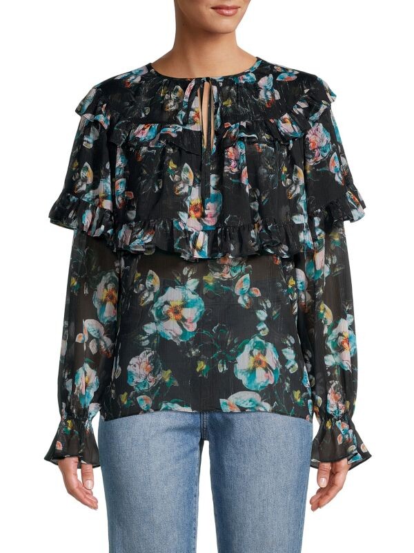

Топ BCBGMAXAZRIA с цветочным принтом и оборками, черный