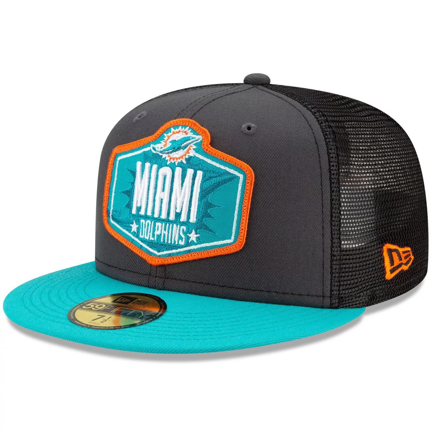 

Мужская облегающая шляпа New Era Graphite/Aqua Miami Dolphins 2021 NFL Draft On-Stage 59FIFTY