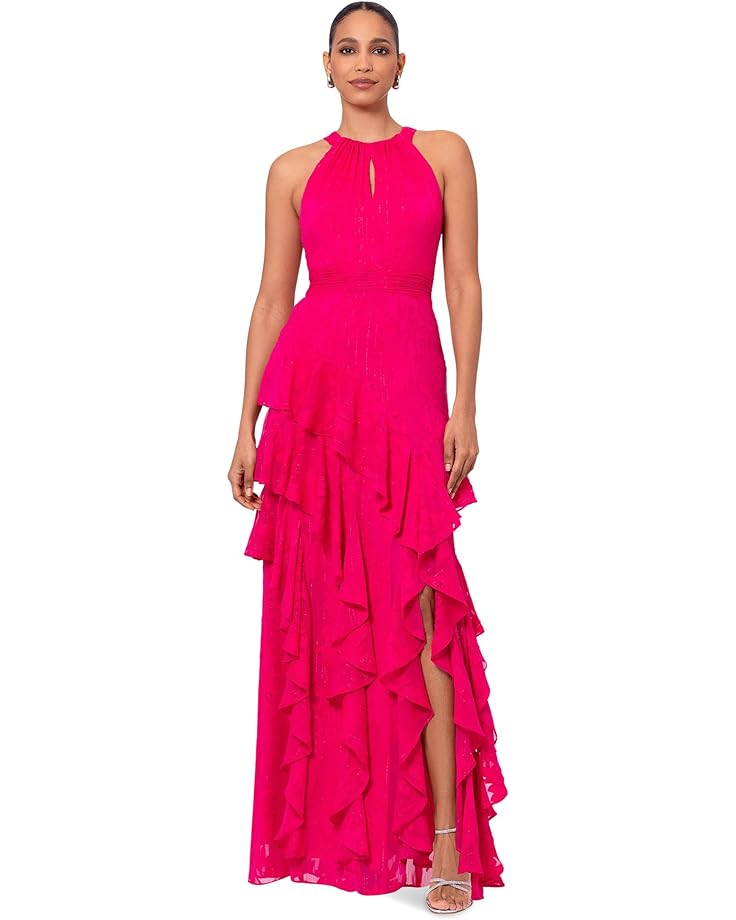 цена Платье XSCAPE Long Metallic Chifon Tiered Ruffle, розовый