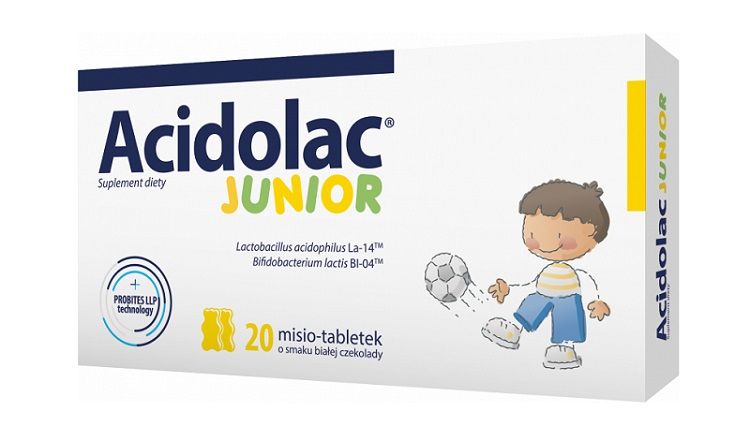 цена Acidolac Junior Probiotyk o Smaku Białej Czekalady пробиотик для детей, 20 шт.