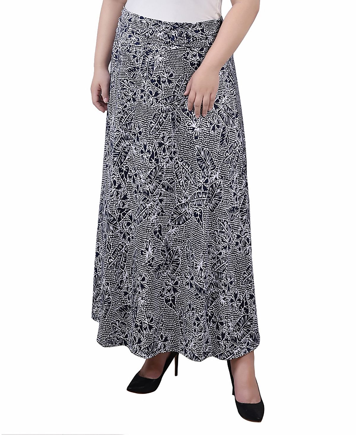 Длинная юбка-трапеция больших размеров с искусственным поясом спереди NY Collection, мульти миниатюрная длинная юбка с поясом на талии ny collection мульти