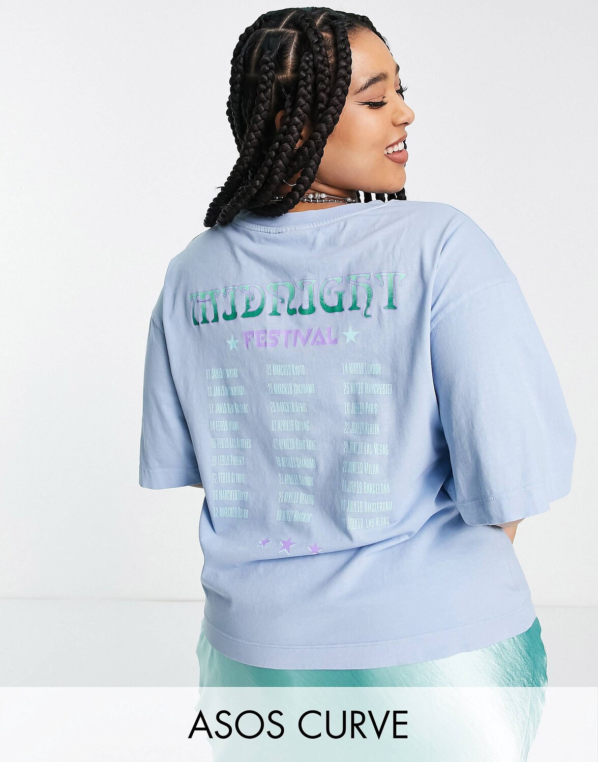 

Выбеленная синяя футболка ASOS DESIGN Curve со швом и графическим принтом с изображением плаката фестиваля