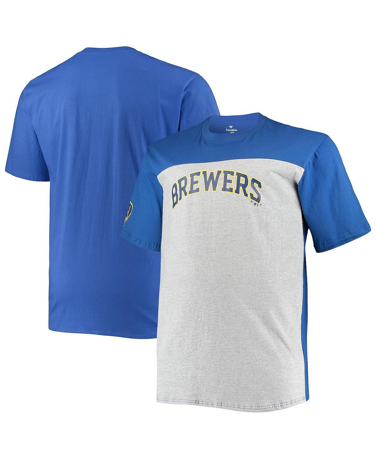 

Мужская футболка с цветными блоками milwaukee brewers big and tall, фирменная королевская и меланжевая серая с фирменной символикой Fanatics, мульти