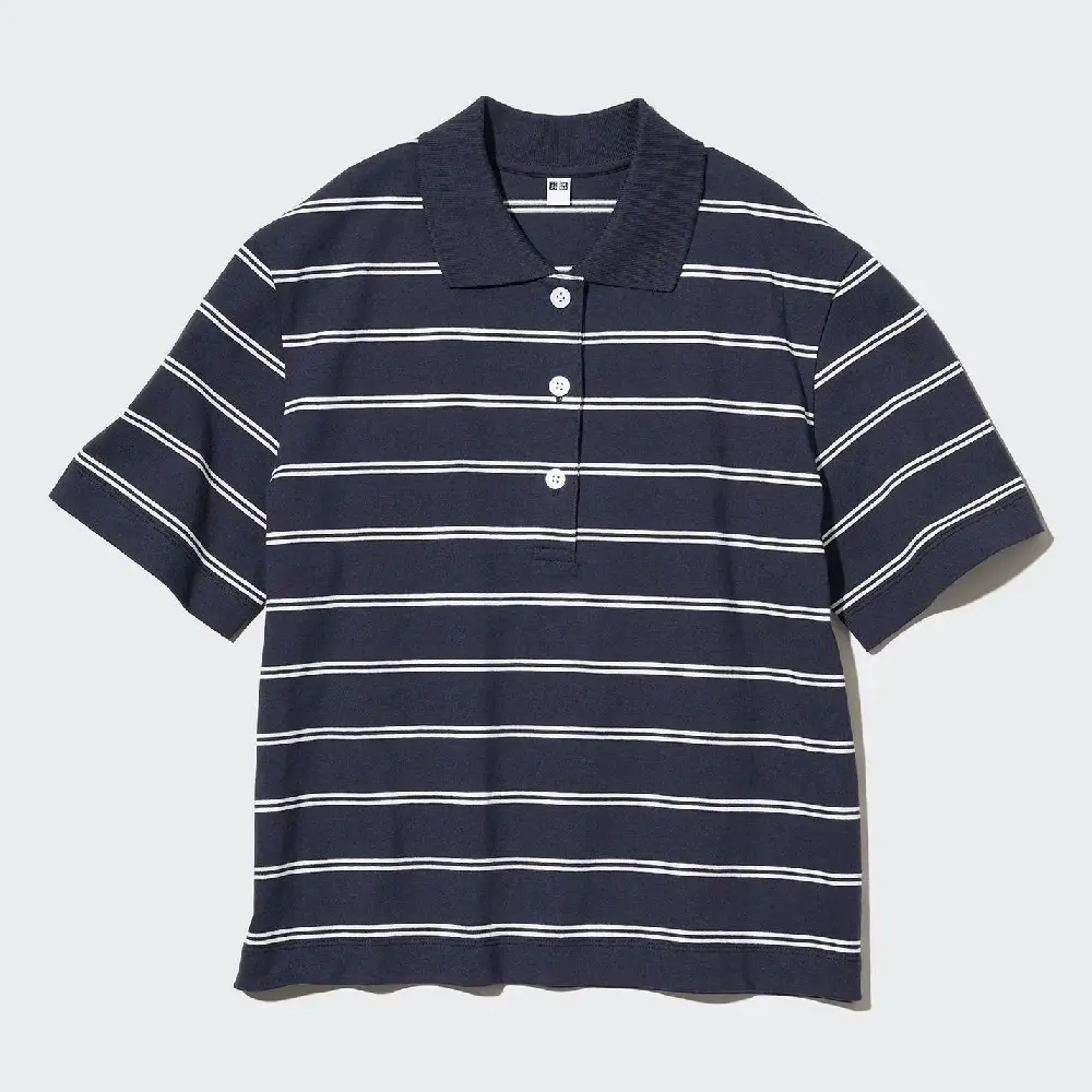 

Футболка-поло Uniqlo Cropped Relaxed Fit Striped, темно-синий