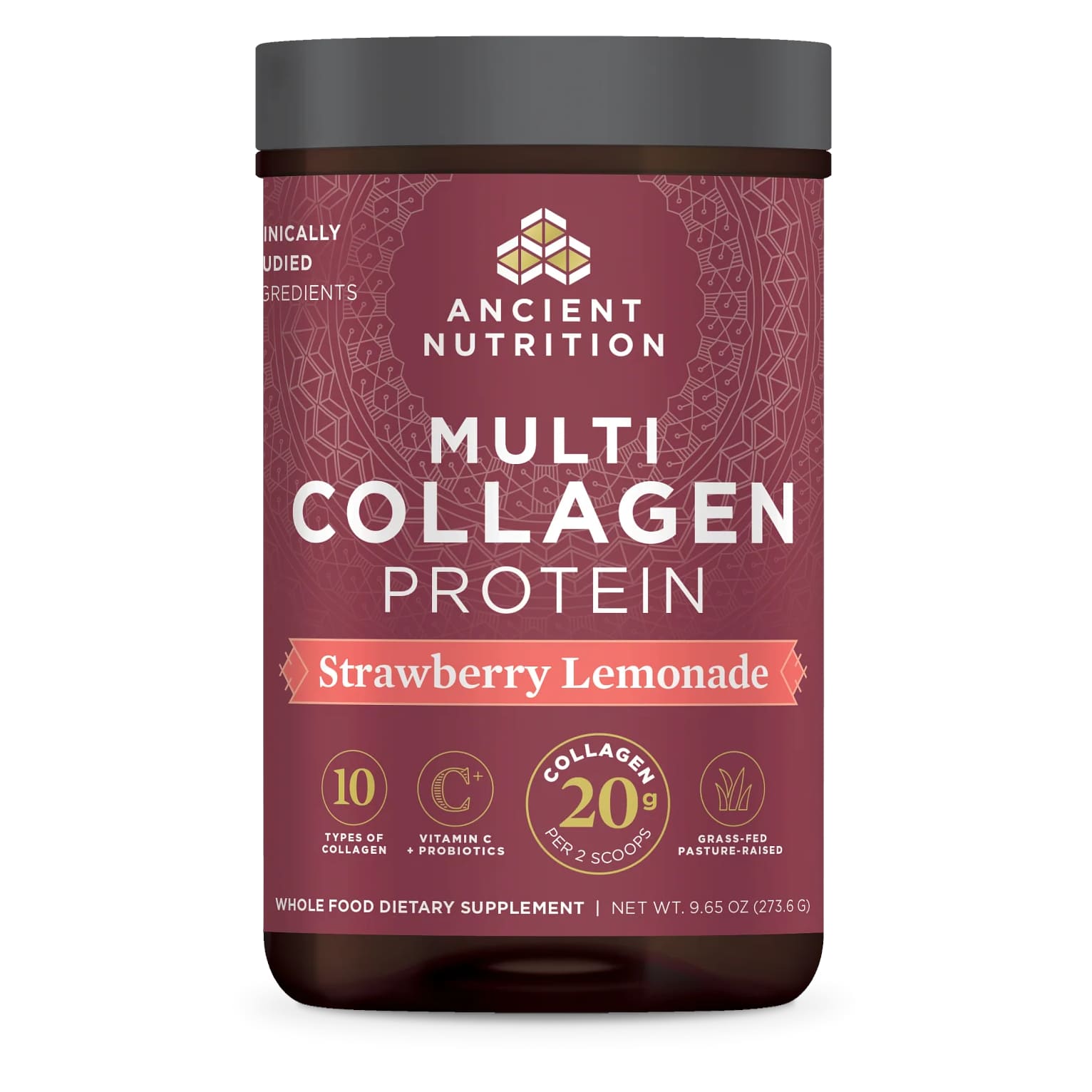 цена Коллаген Ancient Nutrition Multi Protein 10 Types Vitamin C + Probiotics Strawberry Lemonade, 273,6 г