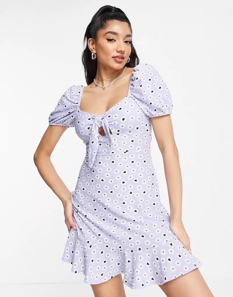 

Лиловое платье мини с расклешенным силуэтом и завязками-зайчиком Miss Selfridge